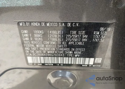 2019 Honda Hr-V Lx z USA, uszkodzony, nr VIN 3CZRU6H39KG703943